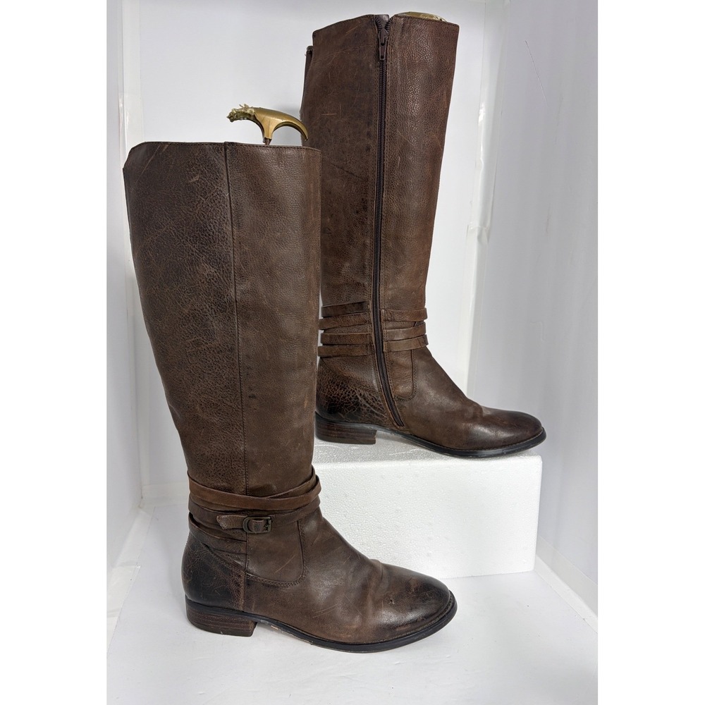 Arturo Chiang Womens Brown Leather Tall Riding Boots Size 9M Distressed Buckle